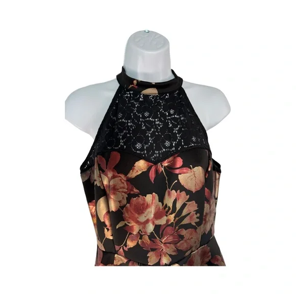 Black metallic gold and rose floral halter mini dress size large made in USA - Picture 2 of 9